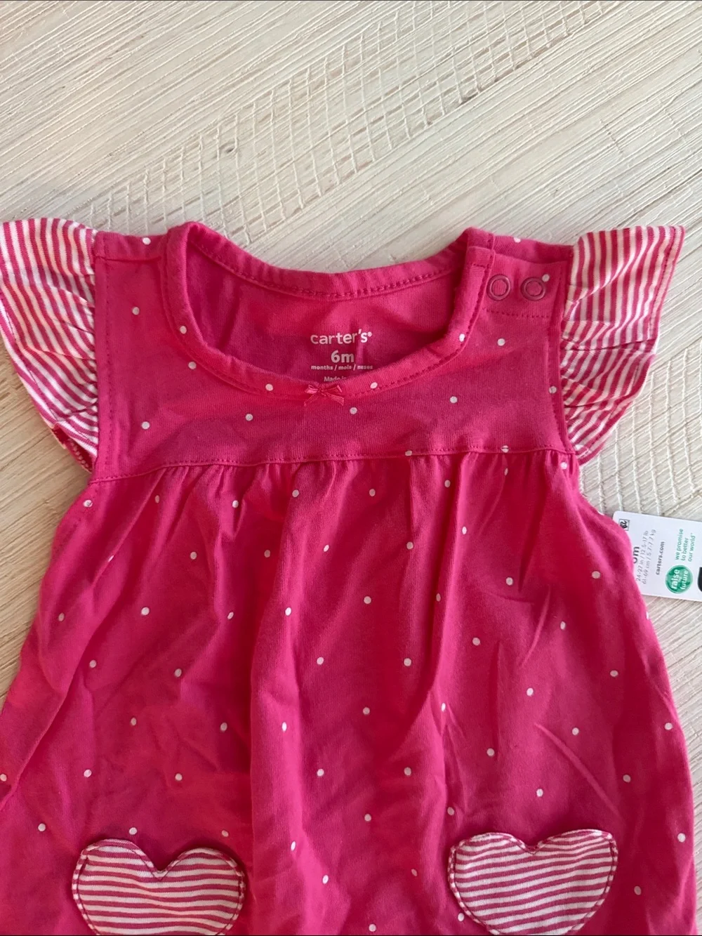 Carter's Fuchsia Polka Dot Heart Romper with Striped Accents, size 6 months